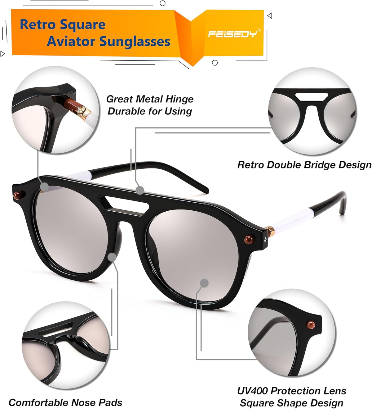 ÉÌƷͼƬ 25 | B0CHBBJ1H1 | FEISEDY Retro Square Aviator Sunglasses Womens Mens Trendy 70s Vintage Stylish Frame UV400 Sun Glasses B0051