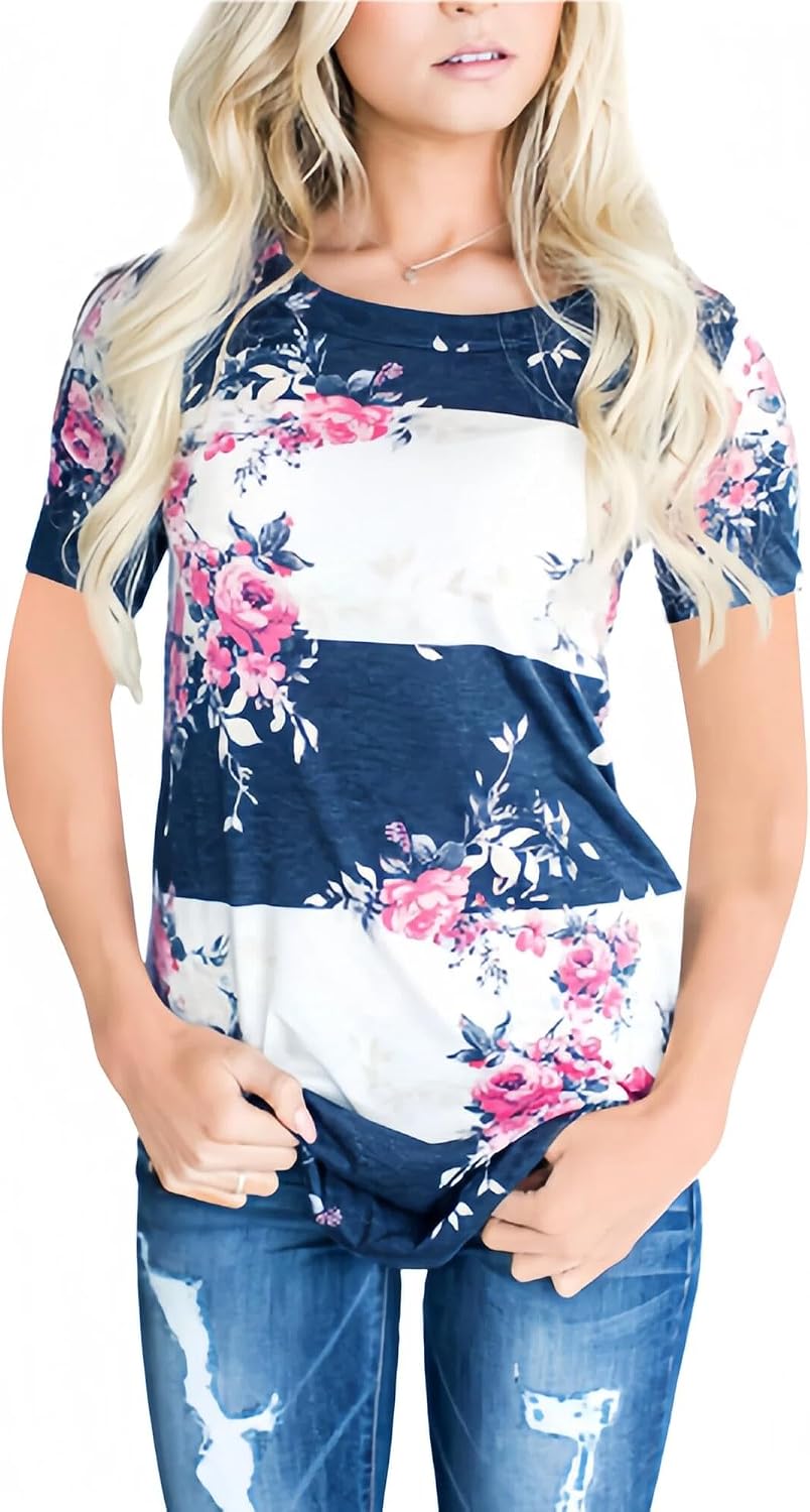Large / Blue | B0H1GDYZR5 | Women's Floral Striped T-Shirt, Color Block Crewneck Short Sleeve Casual Top, Floral Print Tee