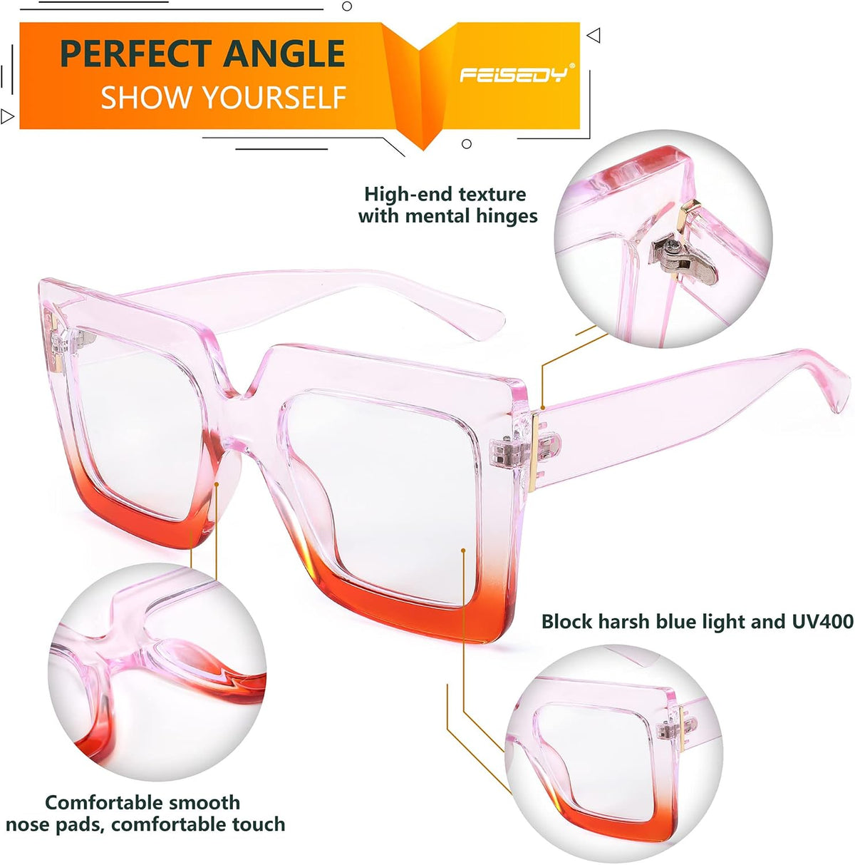商品图片 9 | B0BZRTPH3F | FEISEDY Fashion Oversized Blue Light Glasses for Women Anti Fatigue Thick Square Computer Eyewear B2381