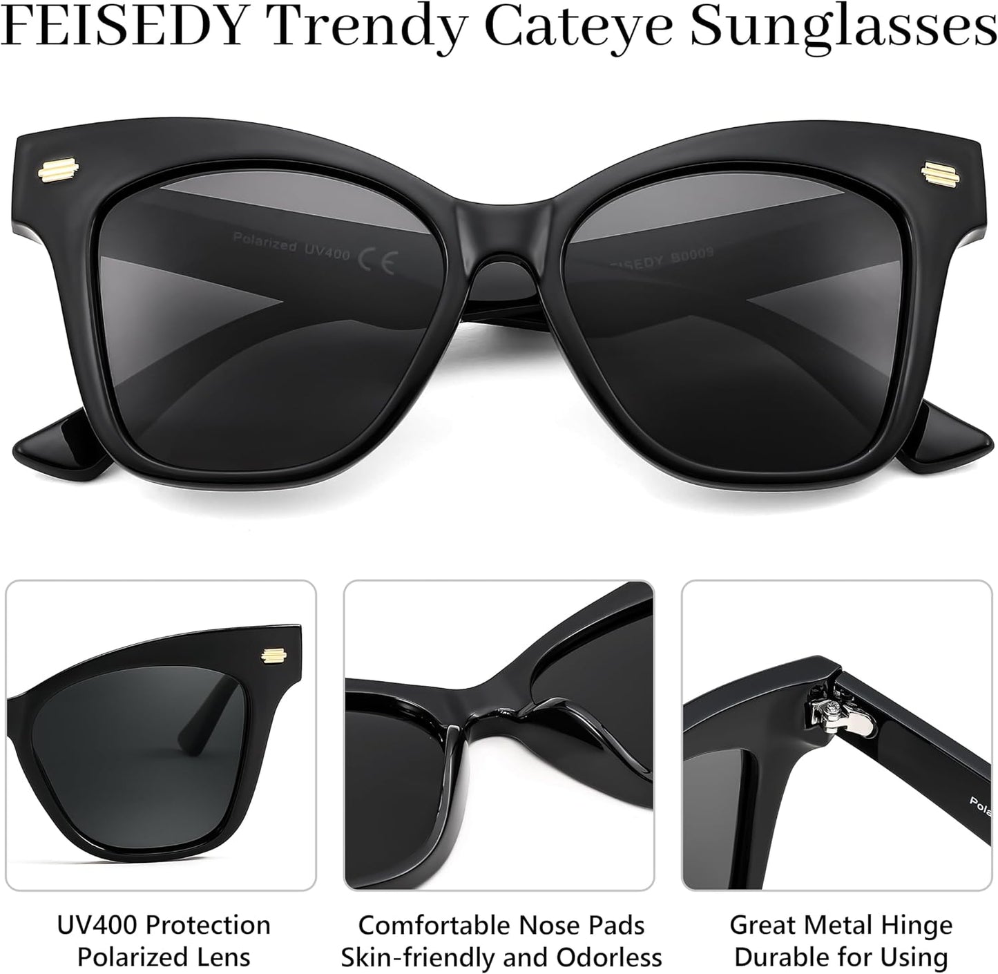 商品图片 4 | B0CJNSZC8B | FEISEDY Trendy Polarized Sunglasses, Retro Cateye Frame for Women, UV400 Protection Shades B0009