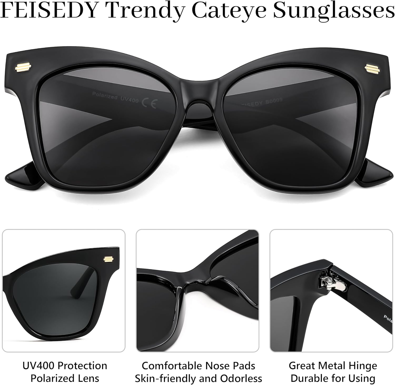 商品图片 4 | B0CJNSZC8B | FEISEDY Trendy Polarized Sunglasses, Retro Cateye Frame for Women, UV400 Protection Shades B0009