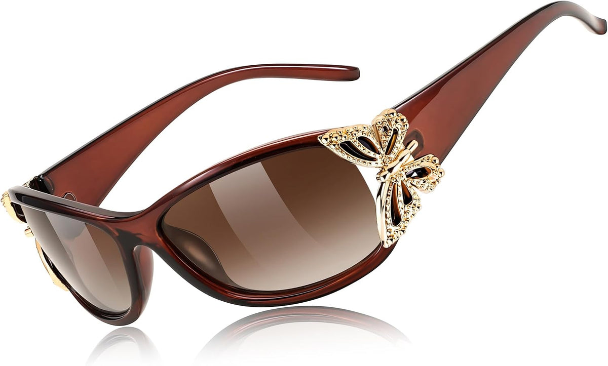 Tea Frame & Gradual Tea Lens / 60 Millimeters | B0D8L61WB7 | FEISEDY Y2K Women Polarized Sunglasses Butterfly Wrap Around UV400 Shades
