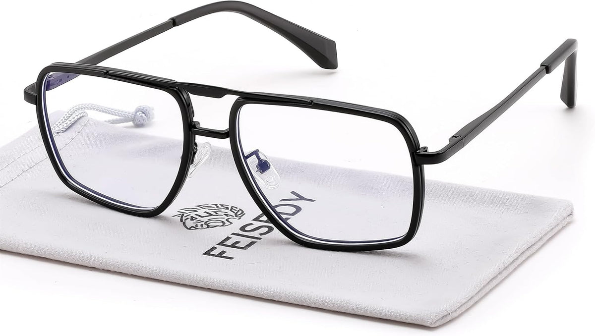 Black / 53 Millimeters | B0HJH8MNRC | FEISEDY Metal Blue Light Aviator Glasses for Women Men B0491