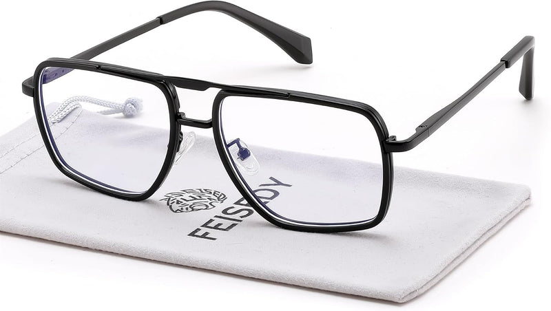 Black / 53 Millimeters | B0HJH8MNRC | FEISEDY Metal Blue Light Aviator Glasses for Women Men B0491