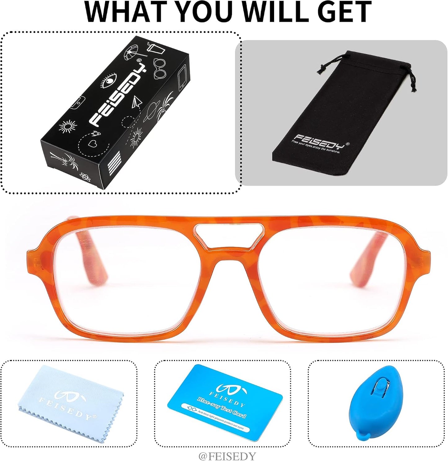 商品图片 20 | B0C65DXFMC | FEISEDY Retro Square Blue Light Blocking Reading Glasses for Women Men 70s Flat Aviator Glasses Anti-Fatigue Reader B2993