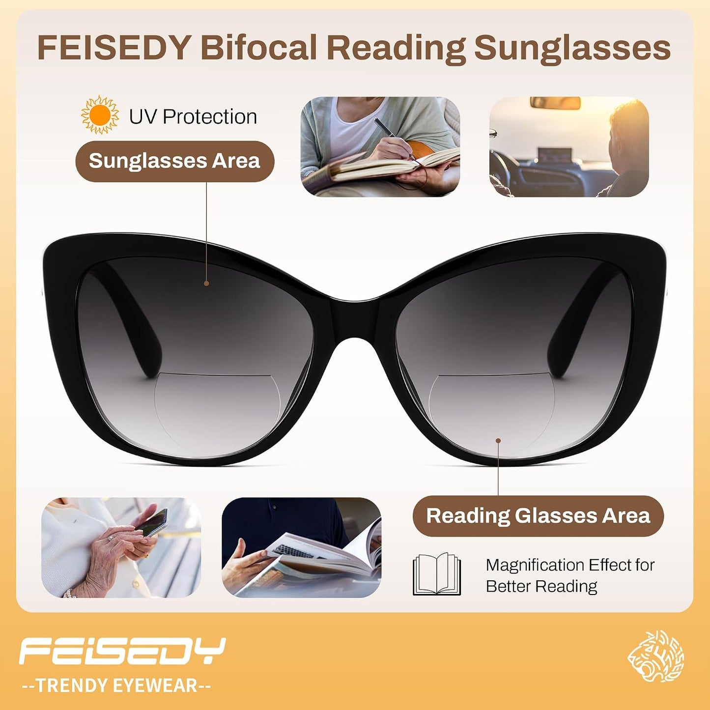 商品图片 3 | B0GSZX5N57 | FEISEDY Cat Eye Bifocal Sunglasses Reader for Women UV400 Protection B0352