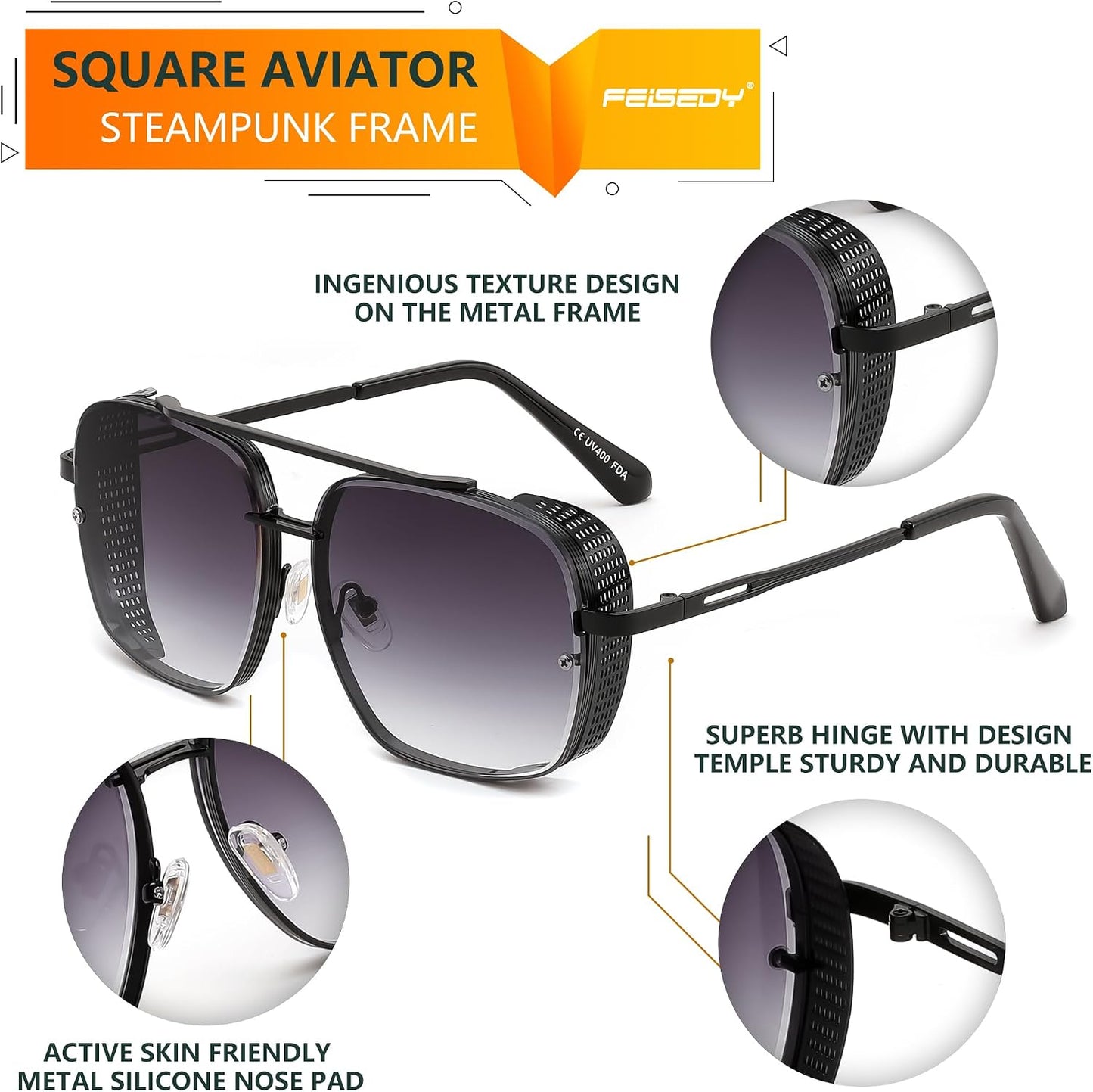 商品图片 63 | B09SDC5BD5 | FEISEDY Sunglasses Mens Women Vintage Pilot Square Trendy Metal Steampunk Fishing Driving Sun Glasses B2894