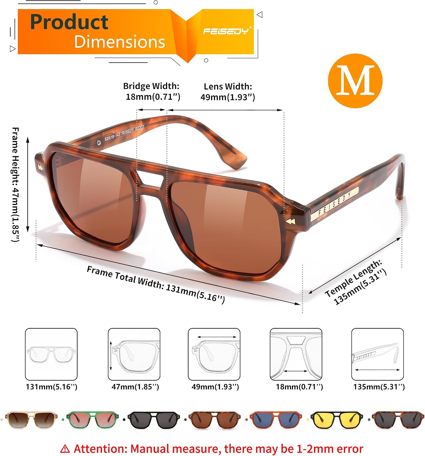 商品图片 45 | B0DSH2BVX5 | FEISEDY Polarized Aviator Sunglasses Men Women, Retro 70s Style Design - UV400 Protection, Driving & Daily Wear B0203