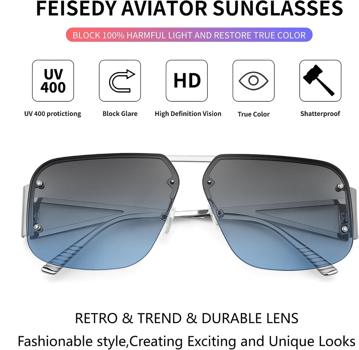 ÉÌƷͼƬ 4 | B0CP2666ZB | FEISEDY Trendy Aviator Sunglasses for Women Men Retro Metal Rimless Frame Square Shades B2985