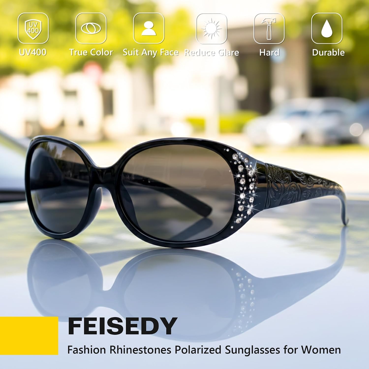 商品图片 5 | B0FZT6D16L | FEISEDY Women's Polarized Sunglasses Wrap Around Rhinestone Design Fashion Sunnies UV400 Protection B1091