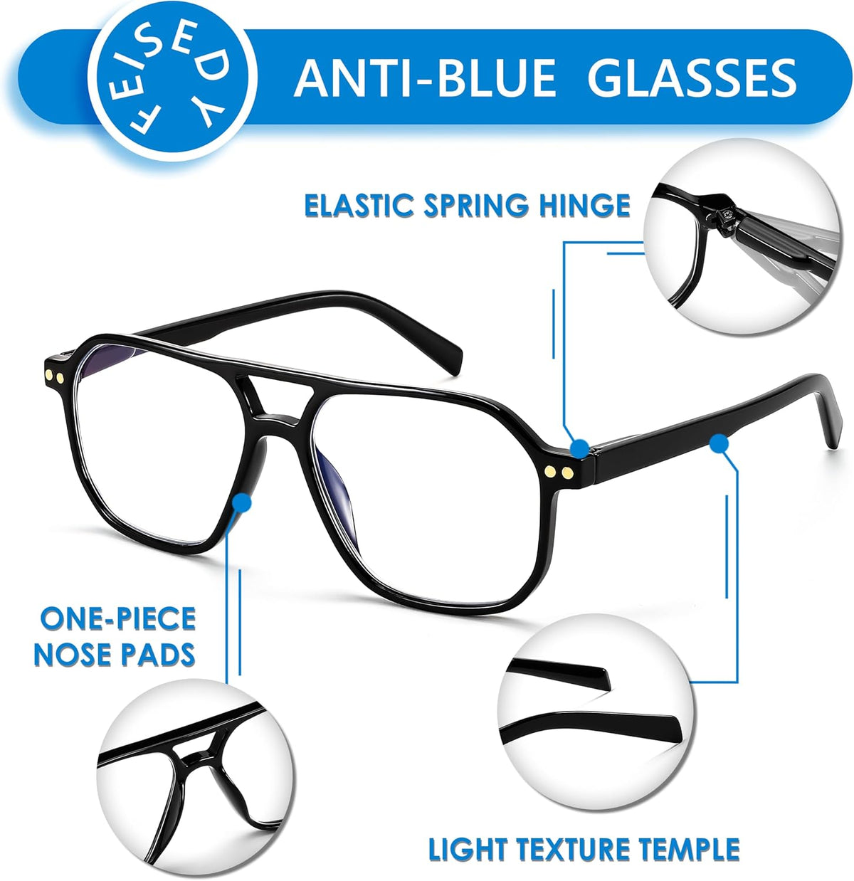 商品图片 6 | B0CNCZF5FL | FEISEDY Retro Aviator Reading Glasses Square Readers for Women Men B0068 | Spring Hinge, Blue Light Reading Glasses,Stylish reading glasses for men