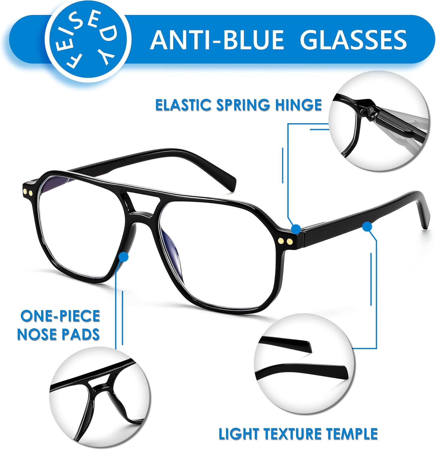 商品图片 6 | B0CNCZF5FL | FEISEDY Retro Aviator Reading Glasses Square Readers for Women Men B0068 | Spring Hinge, Blue Light Reading Glasses,Stylish reading glasses for men