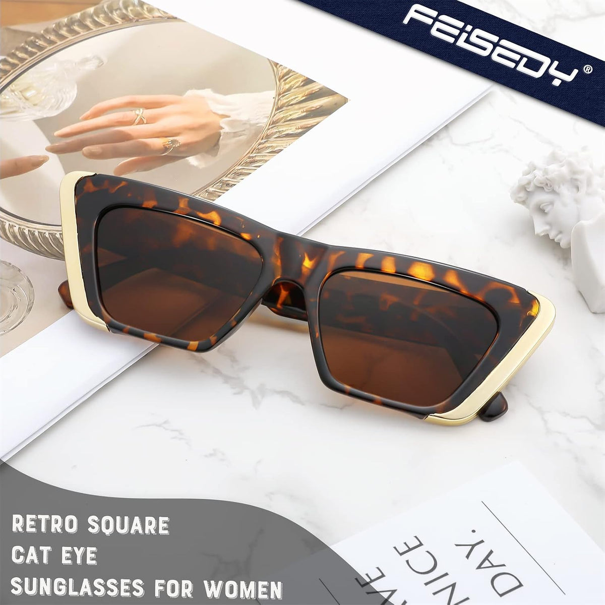 ÉÌƷͼƬ 11 | B0BFJ162P8 | FEISEDY Retro Sunglasses for Women Men Vintage Cat Eye Fashion Metal Square 70s Frame Classic UV Protection Sun Glasses B2966