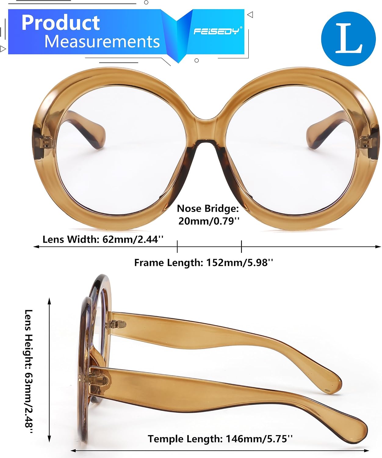 商品图片 3 | B0CQ26NQZS | FEISEDY Oversized Blue Light Blocking Glasses Women Men Retro Big Round Frame Eyewear Clear Lens Computer Glasses B2997