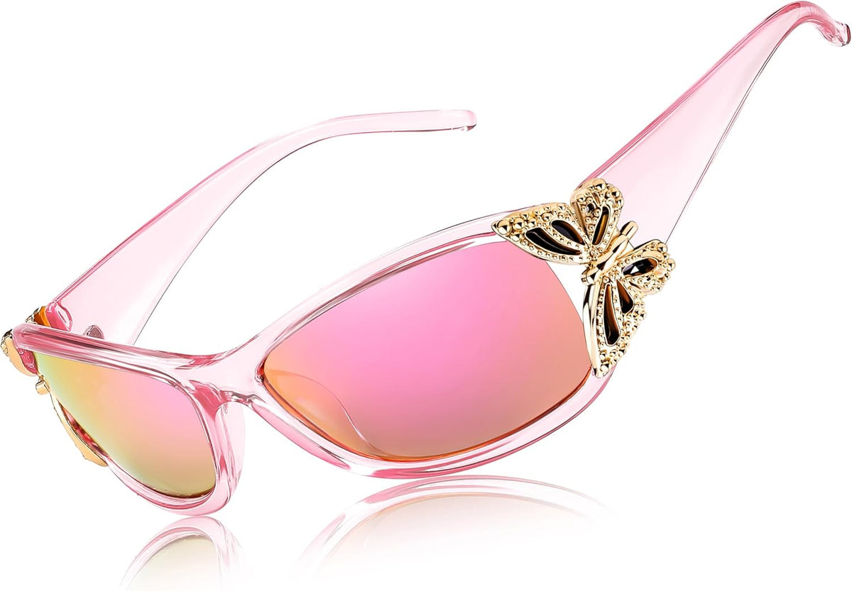 Transparent Pink Frame & Pink Mirror Lens / 60 Millimeters | B0CNRMKZFN | FEISEDY Y2K Women Polarized Sunglasses Butterfly Wrap Around UV400 Shades