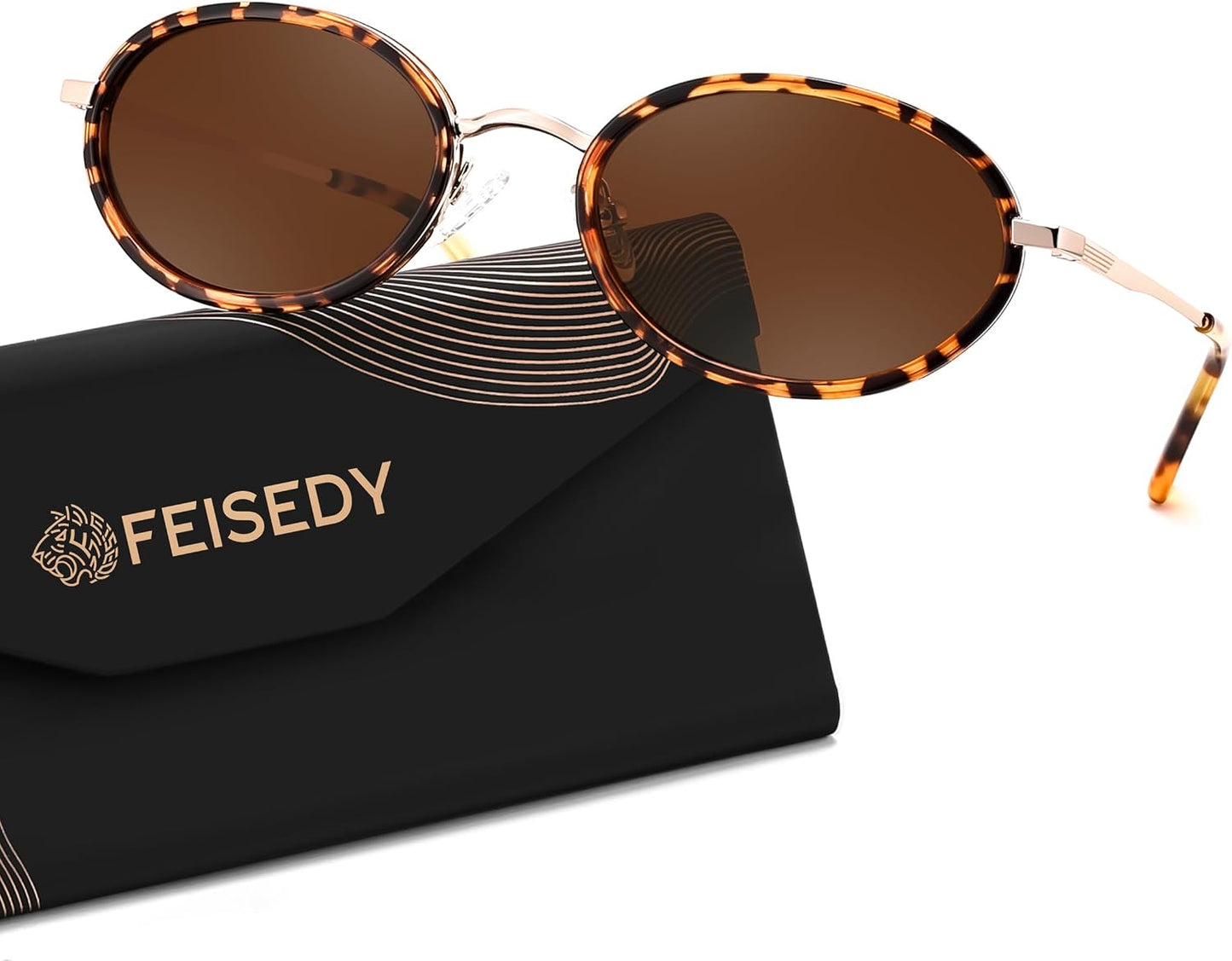 Leopard Frame + Tea Lens / 52 Millimeters | B0GX9GN6DH | FEISEDY Polarized Oval Metal Sunglasses for Women Men Classic Retro B0439