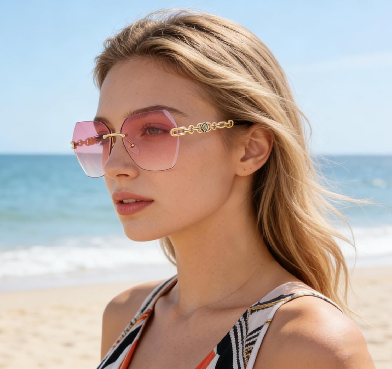 商品图片 33 | B083VRLS2Q | FEISEDY Classic Rimless Sunglasses Women Metal Frame Diamond Cutting Lens Sun Glasses B2567