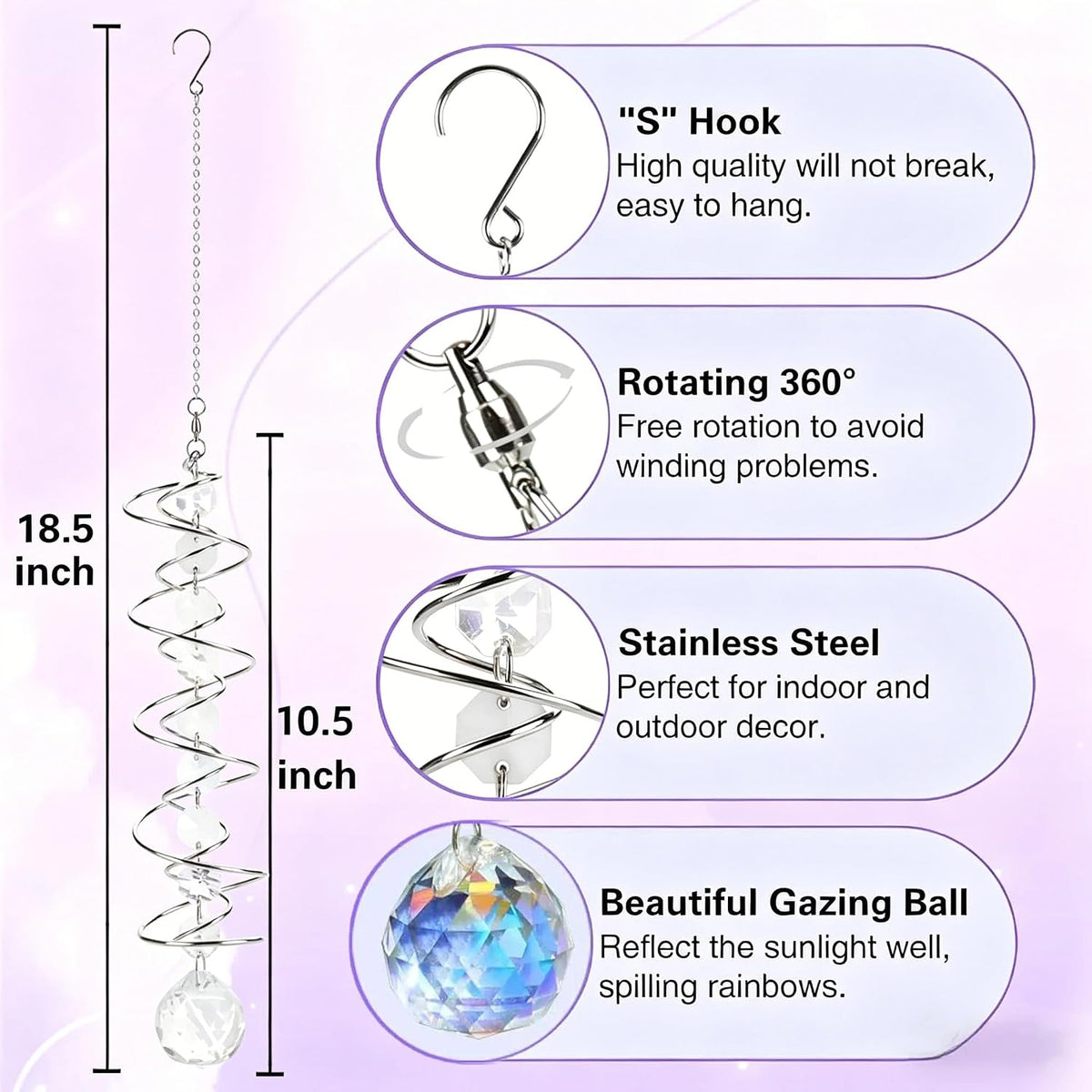 商品图片 6 | B0GZVH6566 | Clear Crystal Sun Catcher Spiral Wind Spinner, Hanging Rainbow Maker Prism for Window Home Garden Decor