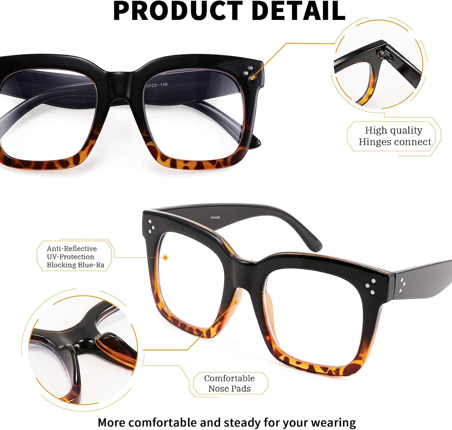 商品图片 18 | B08ZMQ47KD | FEISEDY Blue Light Blocking Reading Glasses Oversized Readers Designer Luxury Square Eyewear Frame B2695FR