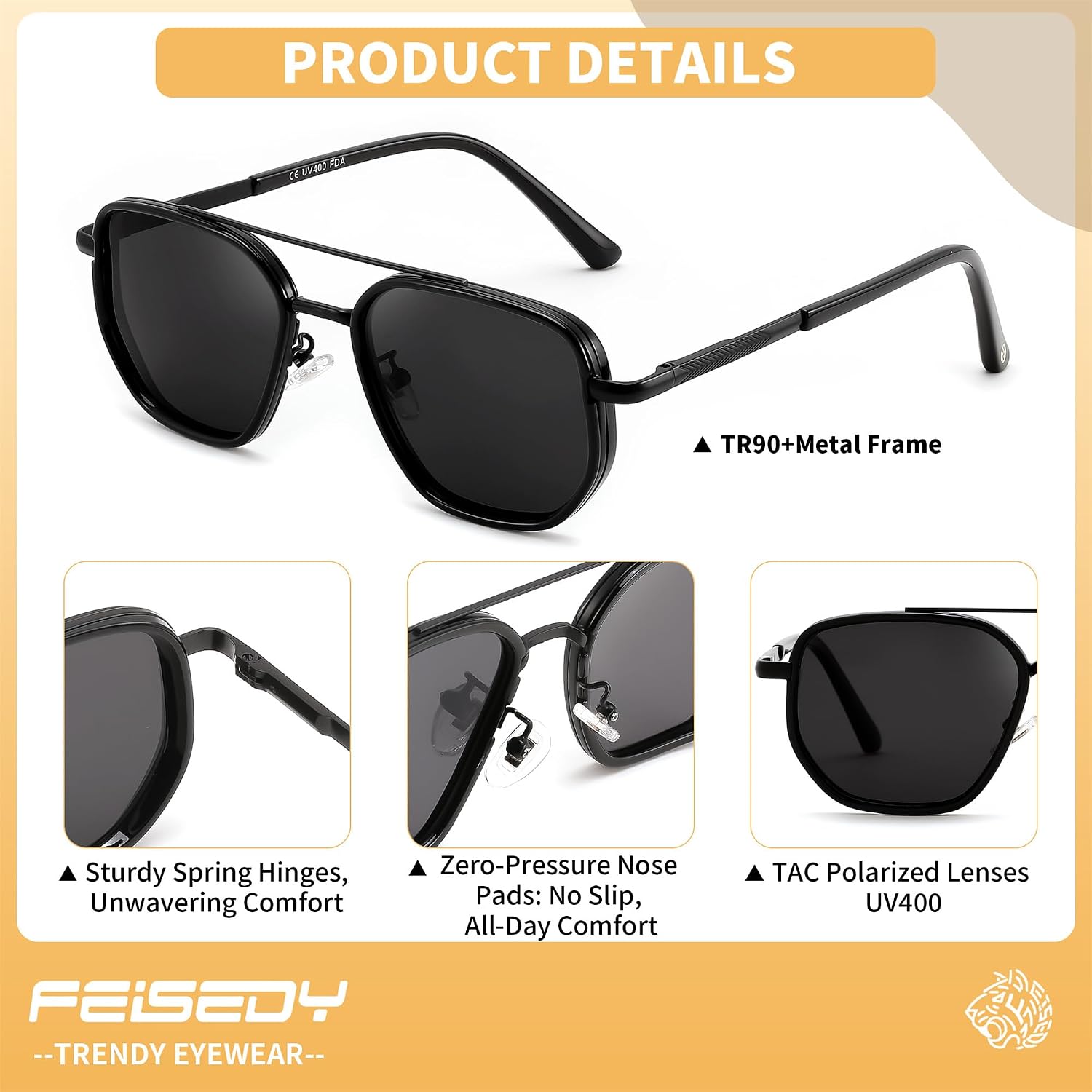商品图片 3 | B0FQ4Y7FV6 | FEISEDY Polarized Aviator Sunglasses for Women Men Square TAC Lens B0329 | UV400 protection, Lightweight, Military-grade durability, Spring temples, Climate Pledge Friendly, Driving, Beach