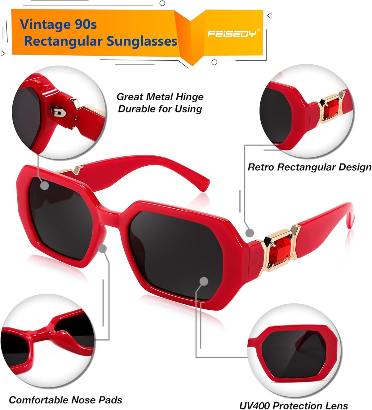 ÉÌƷͼƬ 28 | B0CNPQGQRW | FEISEDY Retro Rectangle Sunglasses for Women Men Classic Square Rhinestone Frame Sun Glasses Polygon Designer UV400 B0047