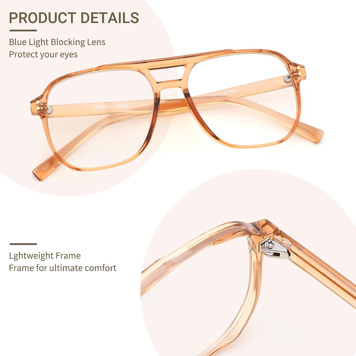 商品图片 31 | B0FWXP3HKW | FEISEDY Fashion Aviator Blue Light Reading Glasses for Woman Men B0318 | Square Pilot Computer Glasses, Anti Eyestrain Glare Readers