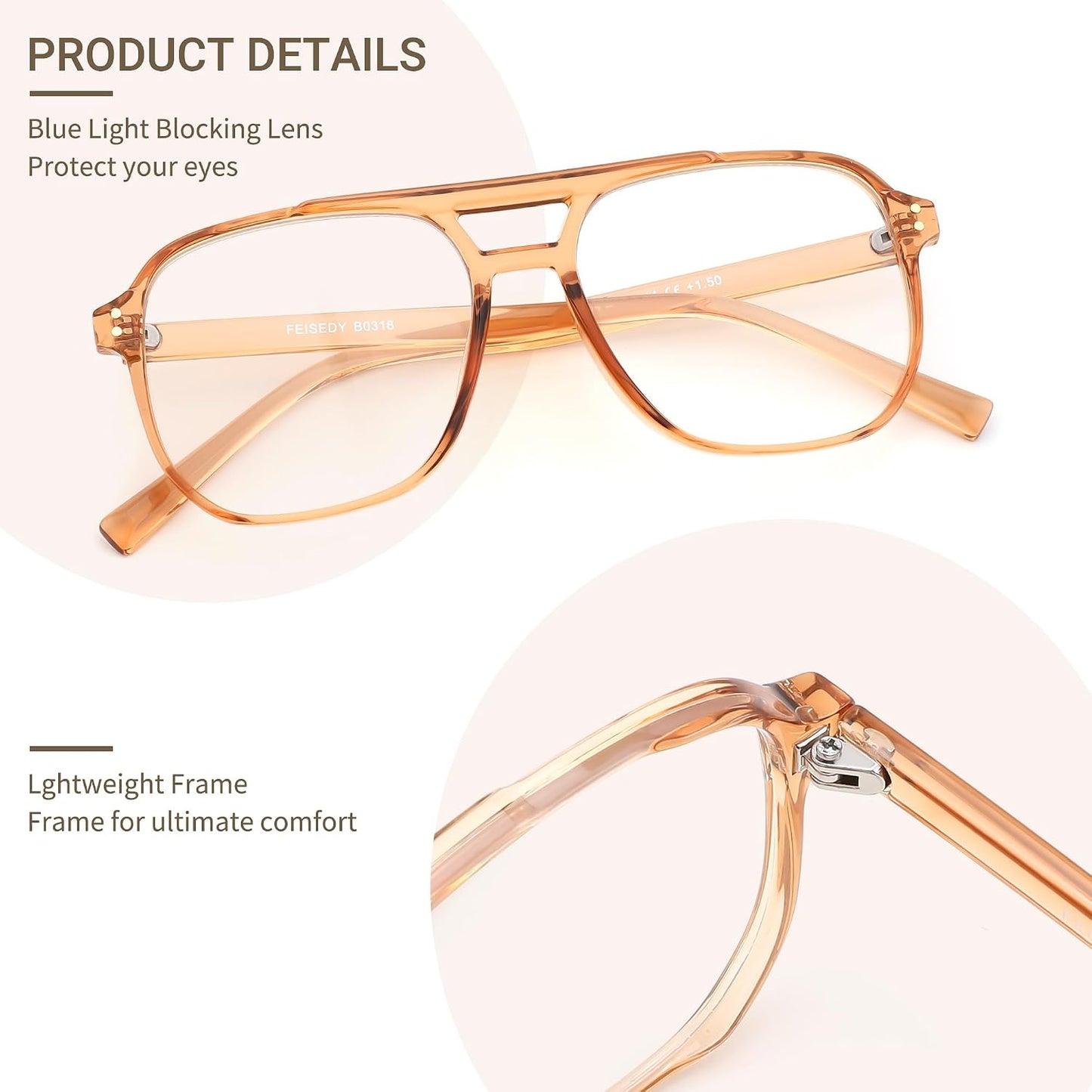 商品图片 31 | B0FWXP3HKW | FEISEDY Fashion Aviator Blue Light Reading Glasses for Woman Men B0318 | Square Pilot Computer Glasses, Anti Eyestrain Glare Readers