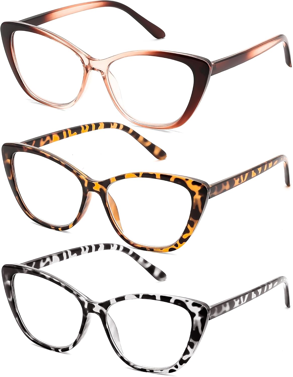 Tea+mixed Brown+mixed Black / 2.0 x | B0G7G5Y6GL | FEISEDY 3 Pack Cat Eye Reading Glasses Blue Light Blocking Women/Men B0374
