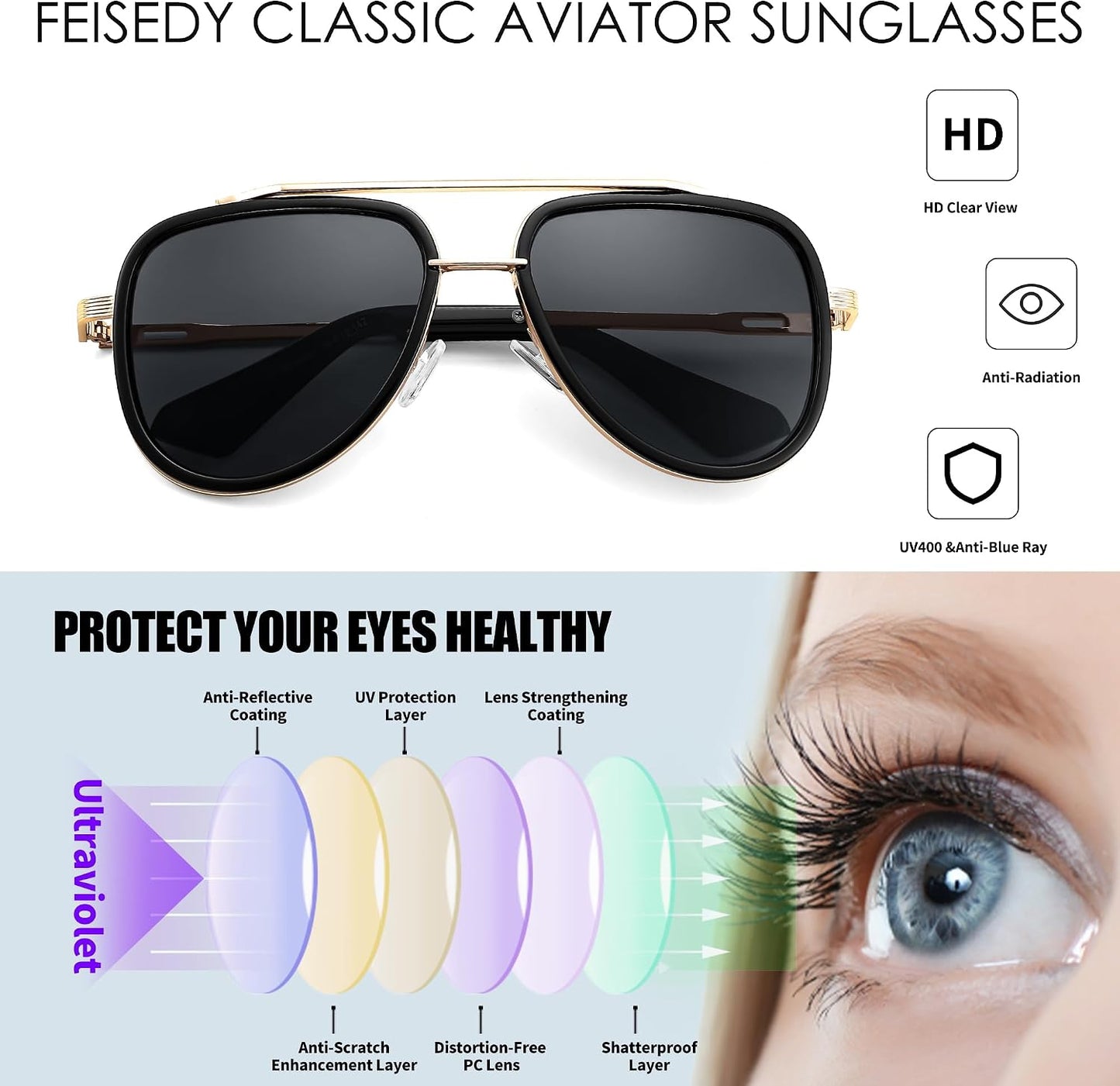 商品图片 11 | B0CF232CFR | FEISEDY Aviator Sunglasses Men Women, Square Retro 70s Vintage Classic Frame, UV400 Driving Fishing Golf Hiking B0036
