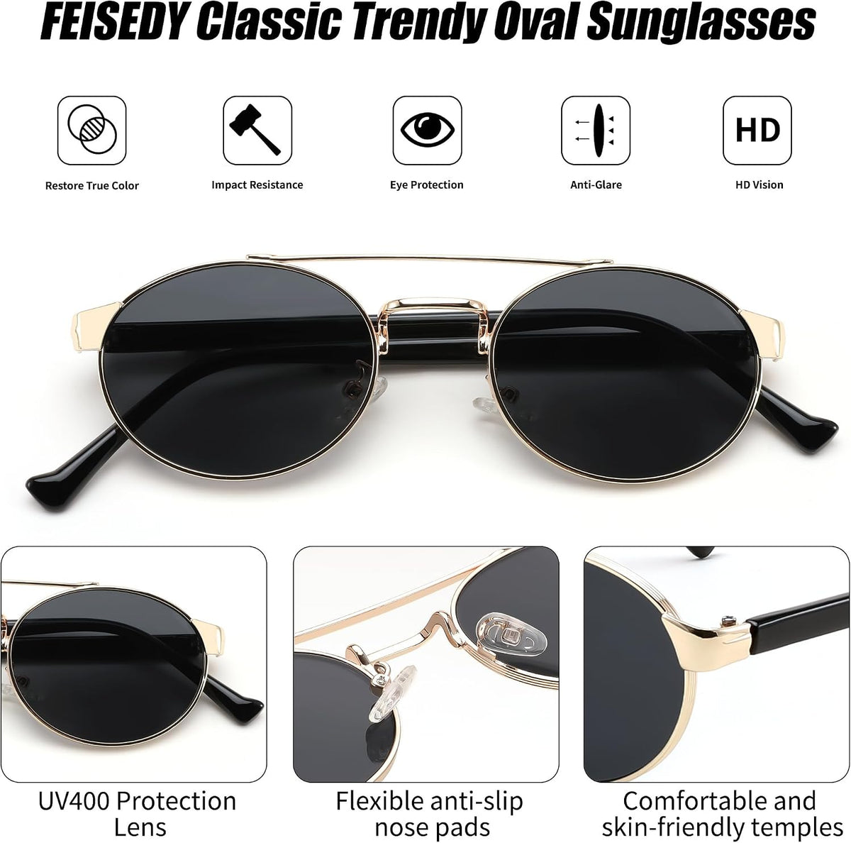 ÉÌƷͼƬ 4 | B0DRYKH1MV | FEISEDY Classic Trendy Oval Sunglasses Women Men Cute Small Shade Metal Frame Sunnies B0264
