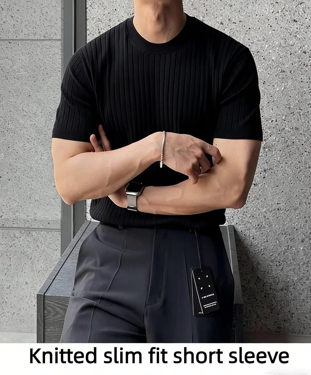 商品图片 2 | B0H4QF8D6F | Men's T-Shirts Short Sleeve Knit Shirt - Casual Crewneck Ribbed Tee Shirt Soft Breathable Fabric, Slim Fit for Daily Wear