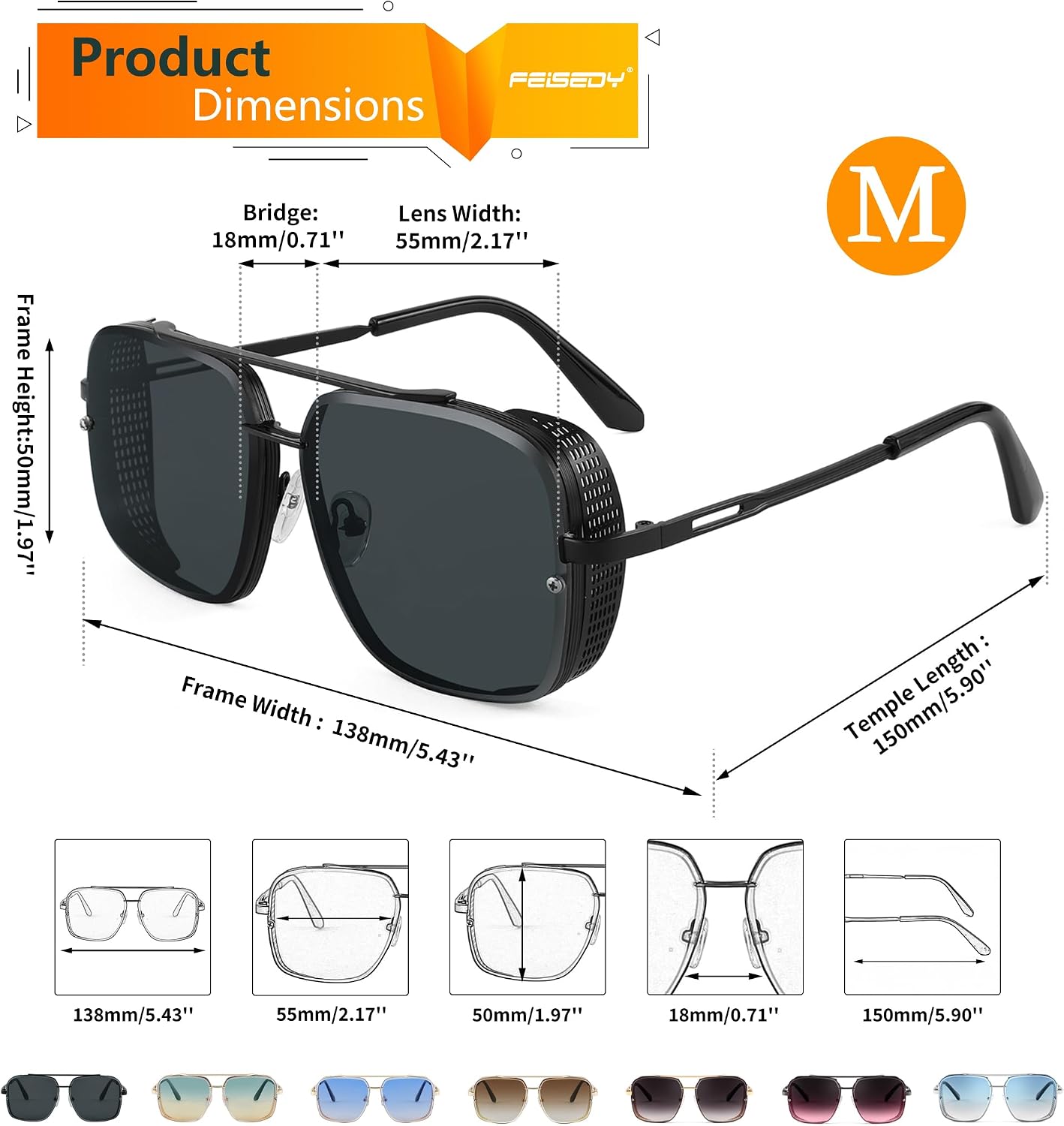 商品图片 57 | B09SDC5BD5 | FEISEDY Sunglasses Mens Women Vintage Pilot Square Trendy Metal Steampunk Fishing Driving Sun Glasses B2894