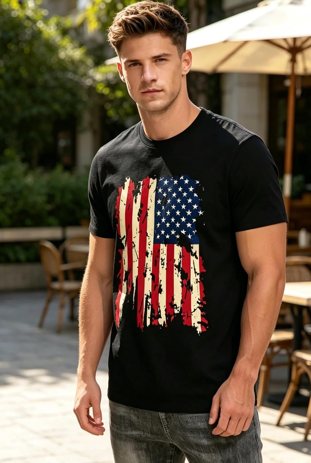 商品图片 4 | B0H4KL1VGB | Men's 4th of July Shirts, Vintage Distressed American Flag Patriotic T-Shirt, Short Sleeve Independence Day Graphic Tee Tops