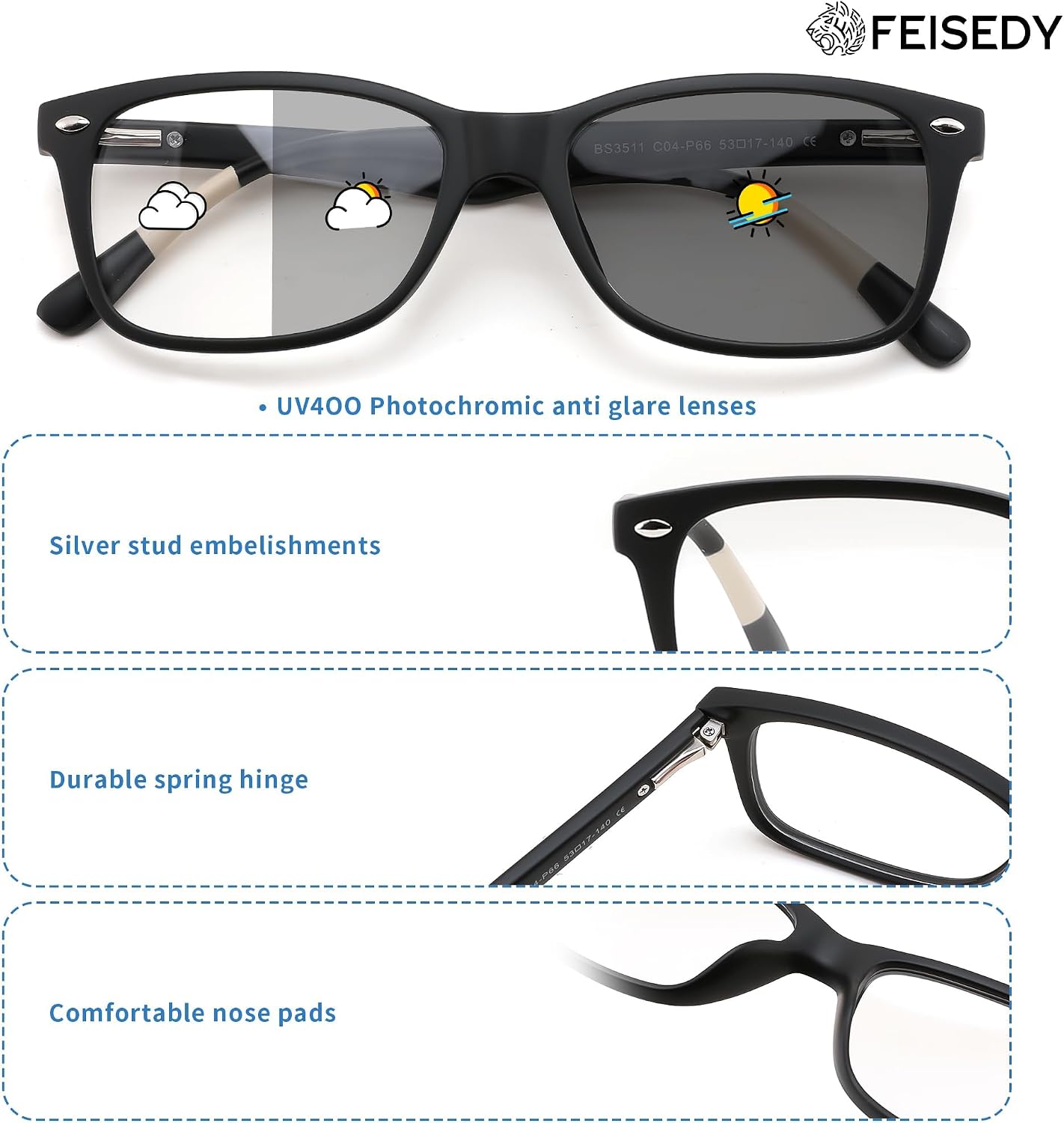 商品图片 6 | B0GKNCMTFX | FEISEDY Blue Light Blocking Photochromic Glasses UV400 Protection B1264