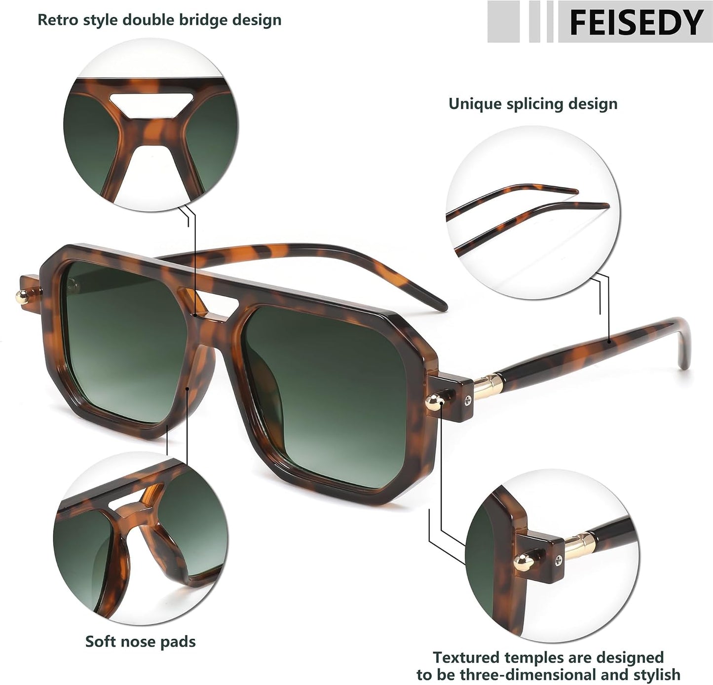 商品图片 199 | B09YTJ4FQZ | FEISEDY Vintage Square 70s Flat Aviator Sunglasses Women Men Classic Retro Stylish Frame UV400 Sunglasses B2622