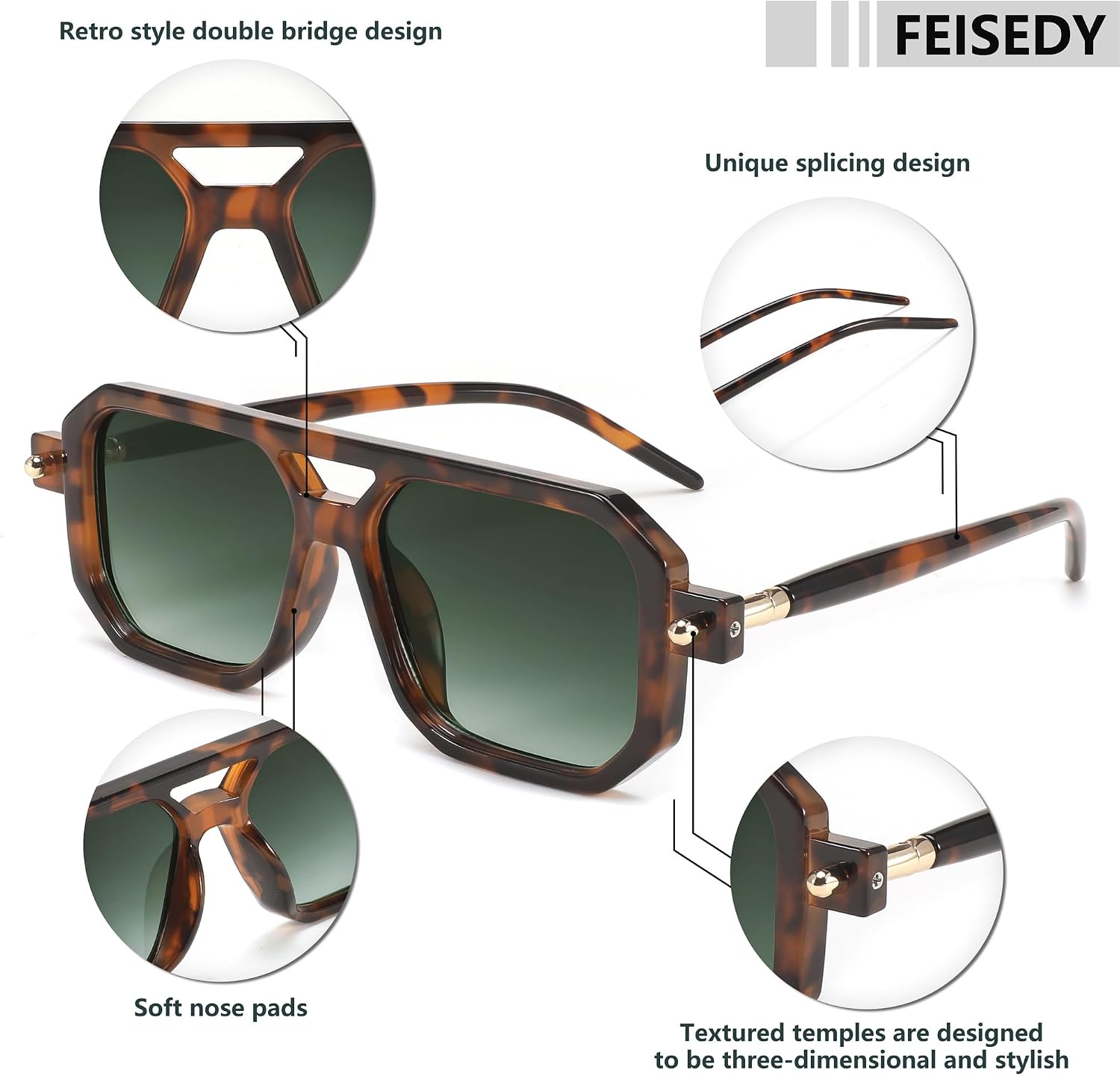 商品图片 199 | B09YTJ4FQZ | FEISEDY Vintage Square 70s Flat Aviator Sunglasses Women Men Classic Retro Stylish Frame UV400 Sunglasses B2622