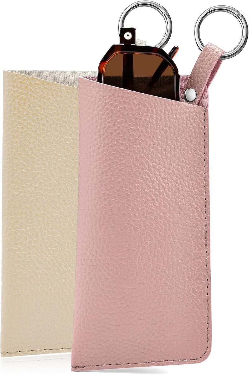 Pink + Apricot | B0FKBLV8J9 | FEISEDY 2Pack Portable Glasses Case with Clip Hook, Soft Leather Eyeglass case Bag, Slim Sunglasses Pouch B0313