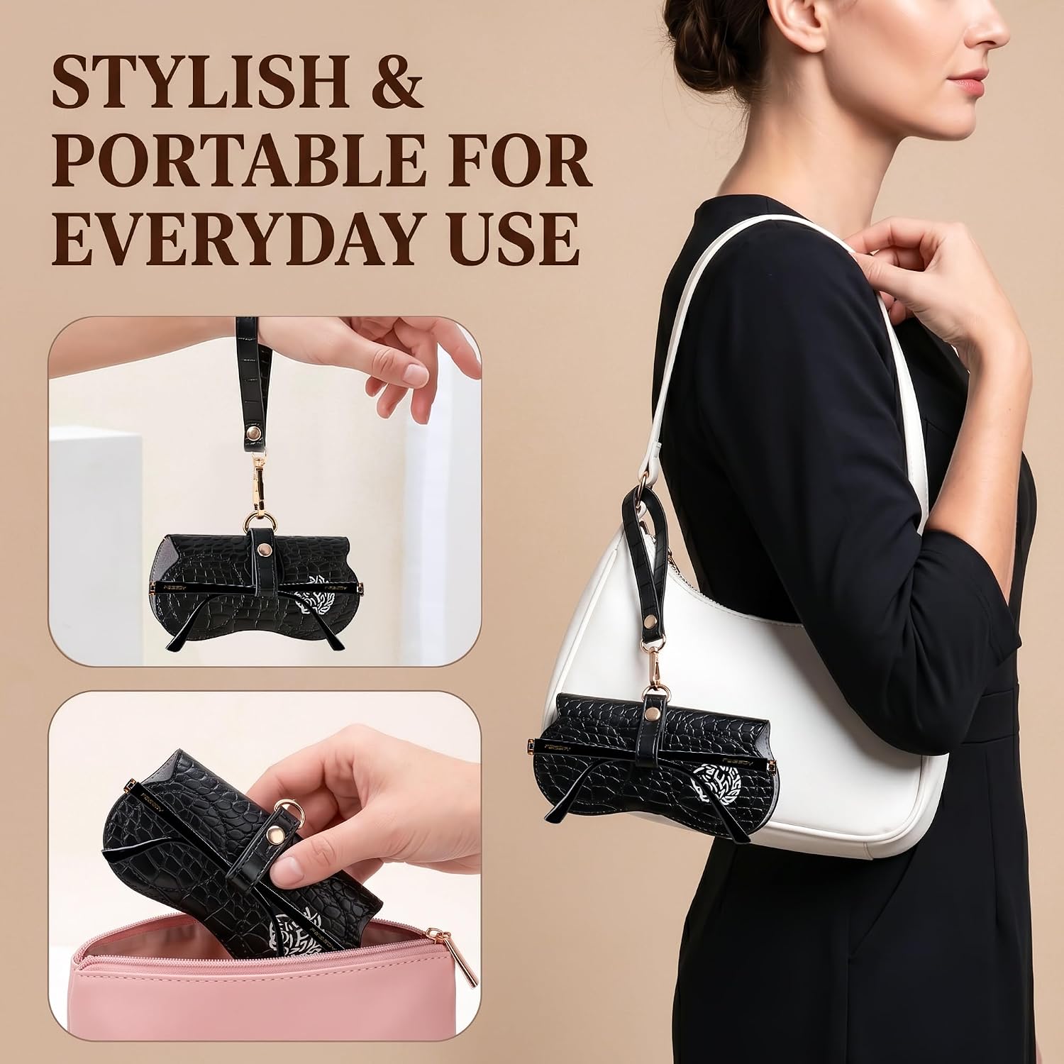 商品图片 25 | B0H4QTYMQP | FEISEDY Soft Crocodile Textured Leather Sunglass Bag, Portable Glasses Pouch With Button Clip Wrist Strap B0366