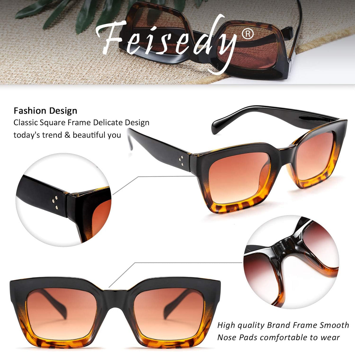ÉÌƷͼƬ 47 | B07MNGNLNT | FEISEDY Classic Women Sunglasses Fashion Thick Square Sun Glasses B2471