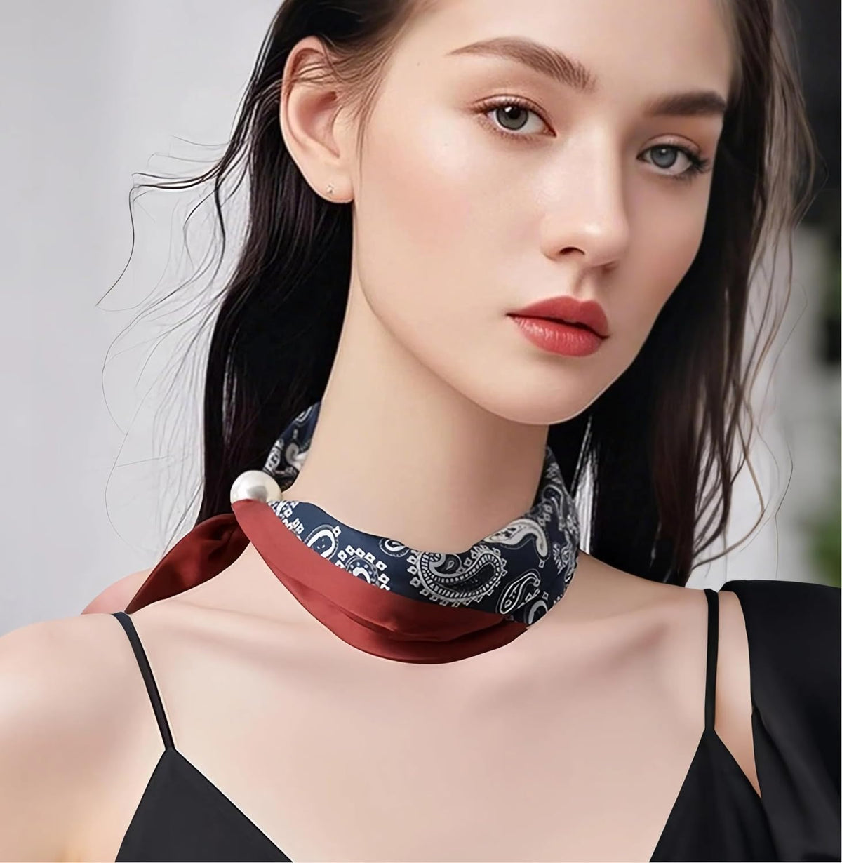 Tibetan Blue and Red | B0FR986V2Z | Neck Scarves with Magnetic Pearl Clasp - Elegant Purse Scarf for Women, Western Outfit & Shirt Accessory