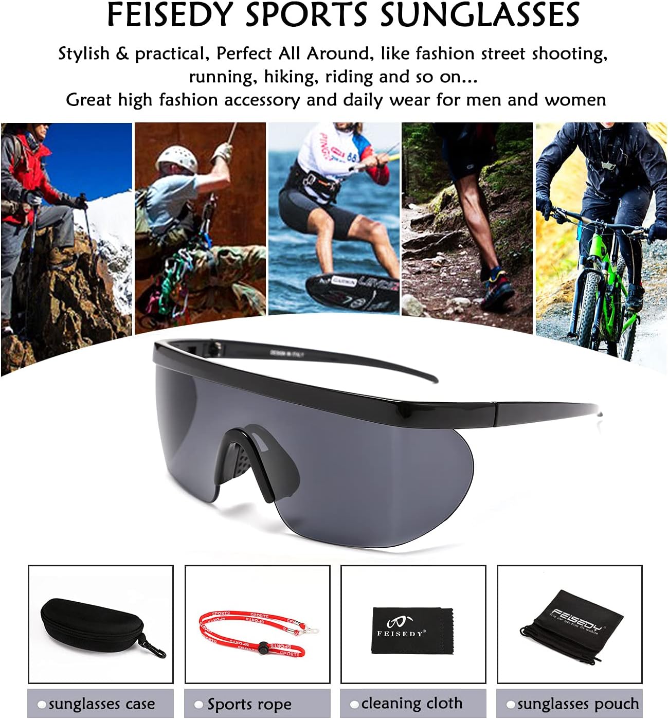 商品图片 62 | B096SD9GGG | FEISEDY Oversized Mirror Shield Sport 80s Sunglasses Ski Goggles Flat Top One Piece Futuristic Visor Women Men B2522