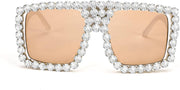 006 White Frame/White Diamond Light Tea Lens / 60 Millimeters | B09YHLJ8QB | FEISEDY Square Diamond Sunglasses for Women Retro Fashion Shiny Rhinestone Sun Glasses B2916