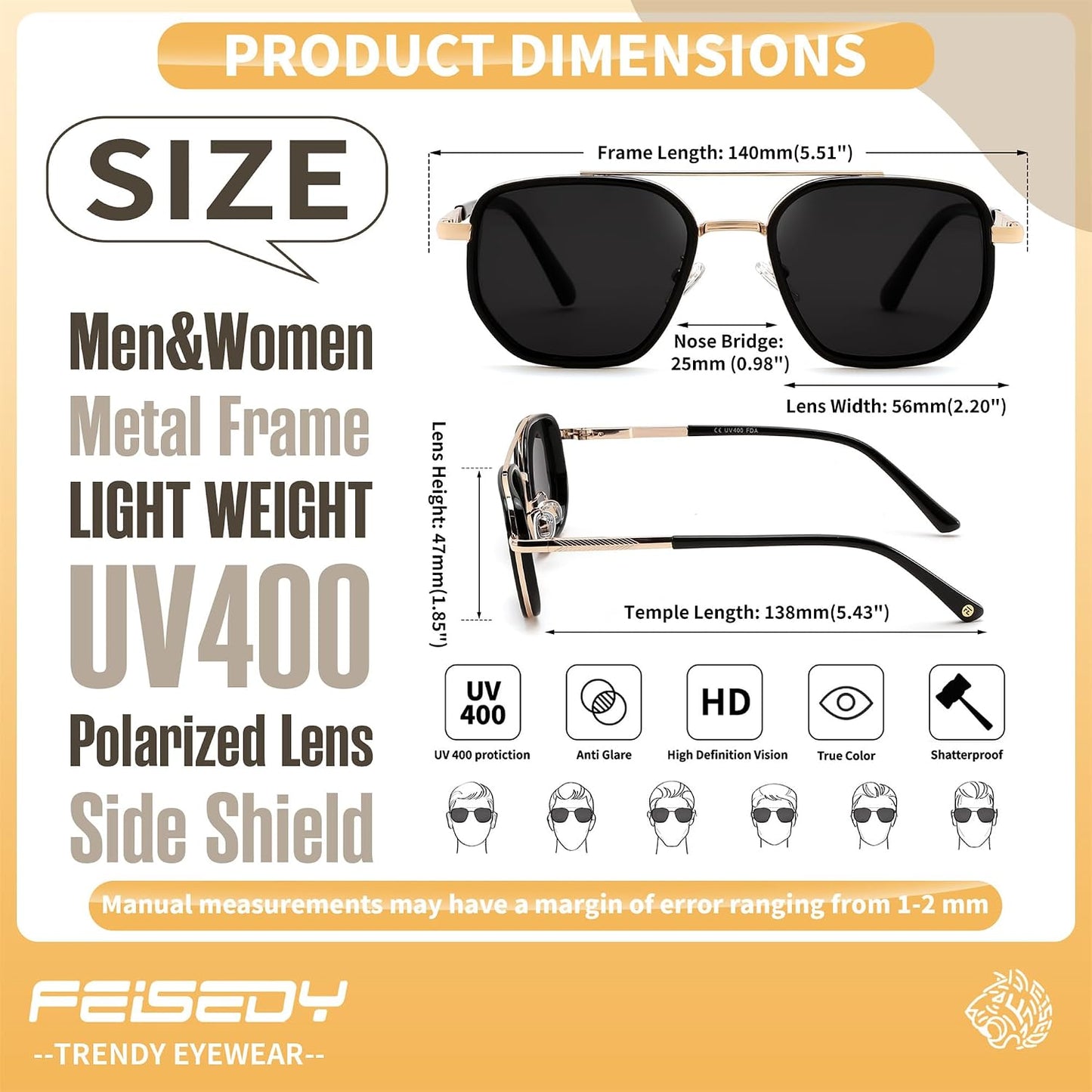 商品图片 14 | B0FQ4Y7FV6 | FEISEDY Polarized Aviator Sunglasses for Women Men Square TAC Lens B0329 | UV400 protection, Lightweight, Military-grade durability, Spring temples, Climate Pledge Friendly, Driving, Beach