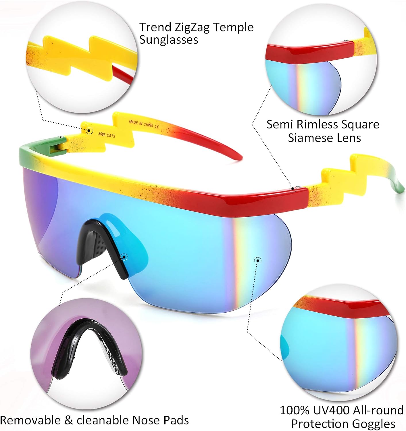 商品图片 74 | B096SD9GGG | FEISEDY Oversized Mirror Shield Sport 80s Sunglasses Ski Goggles Flat Top One Piece Futuristic Visor Women Men B2522
