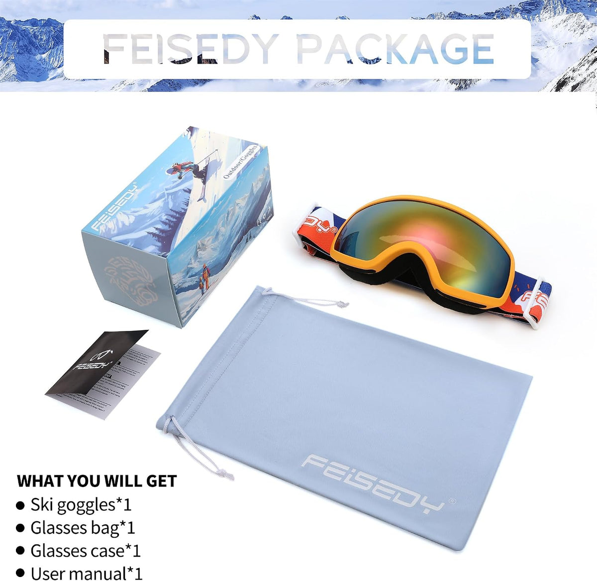 商品图片 6 | B0CHF64BPK | FEISEDY Kids Ski Goggles,Snowboard Goggles for Boys Girl Youth,OTG Anti Fog UV Protection Snow Goggles B0019