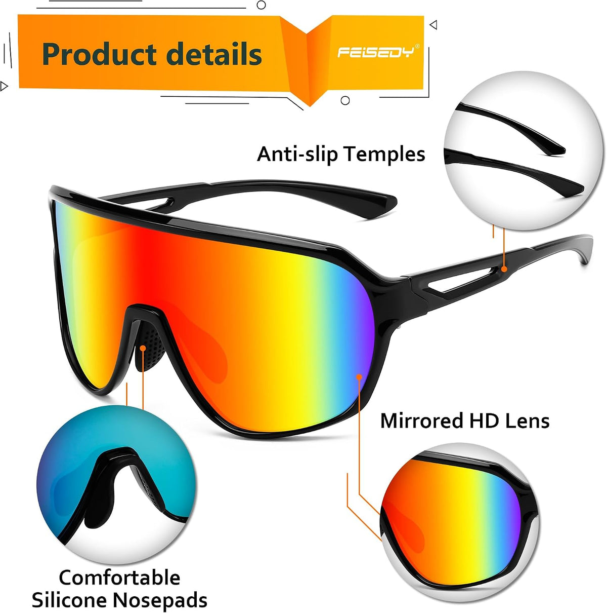 ÉÌƷͼƬ 10 | B0D5D4T92Q | FEISEDY Sports Sunglasses for Men and Women,Oversized One Piece Reflective Lens Cycling Sunglasses B0178