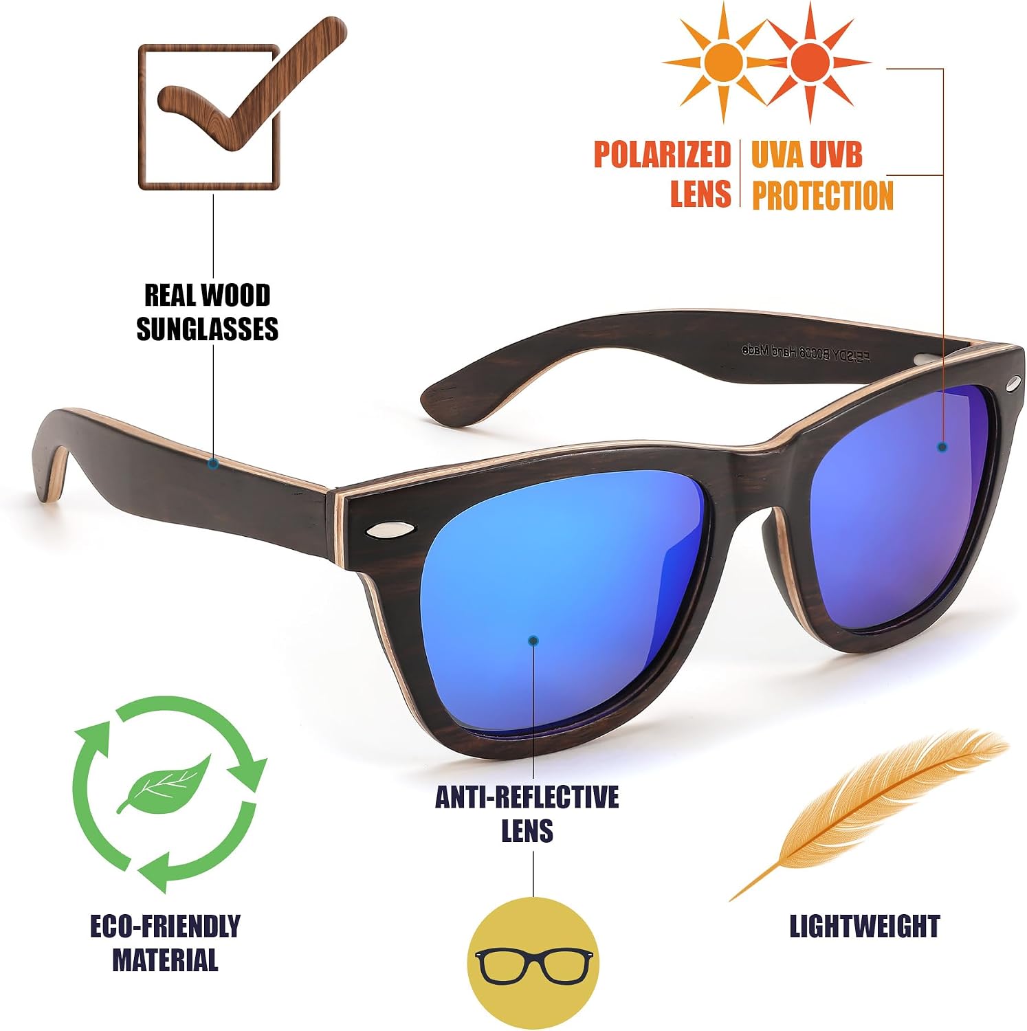 商品图片 3 | B0C9X27861 | FEISEDY Woodes Sunglasses Polarized for Women Men, Bamboo Wood Handmade Frame, Classic Square UV400 Protection B0006