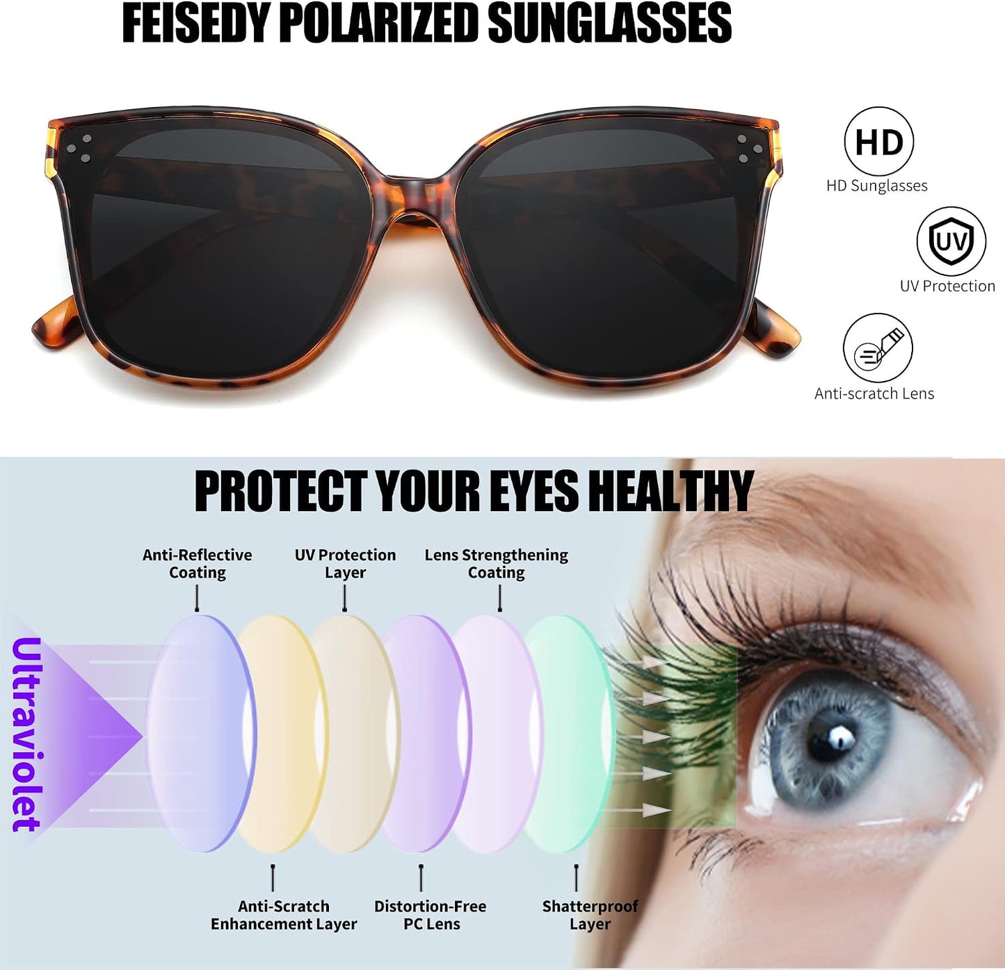 商品图片 64 | B0871BKMTN | FEISEDY Oversized Polarized Sunglasses - UV400 Protection, Square Fashion Sun Glasses for Outdoor & Daily B2600