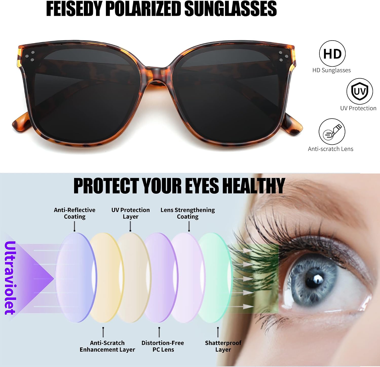 商品图片 64 | B0871BKMTN | FEISEDY Oversized Polarized Sunglasses - UV400 Protection, Square Fashion Sun Glasses for Outdoor & Daily B2600