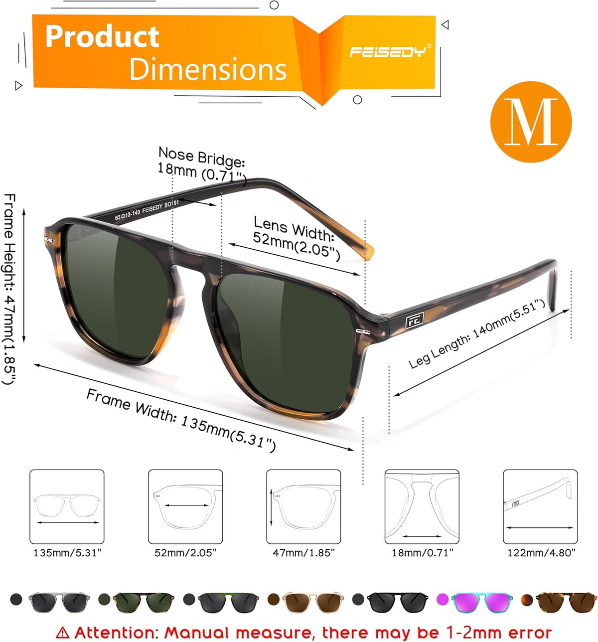 ÉÌƷͼƬ 30 | B0F4D461TF | FEISEDY Polarized Aviator Mens Sunglasses Square Modern Women Vintage Style Acetate Frame UV400 B0191